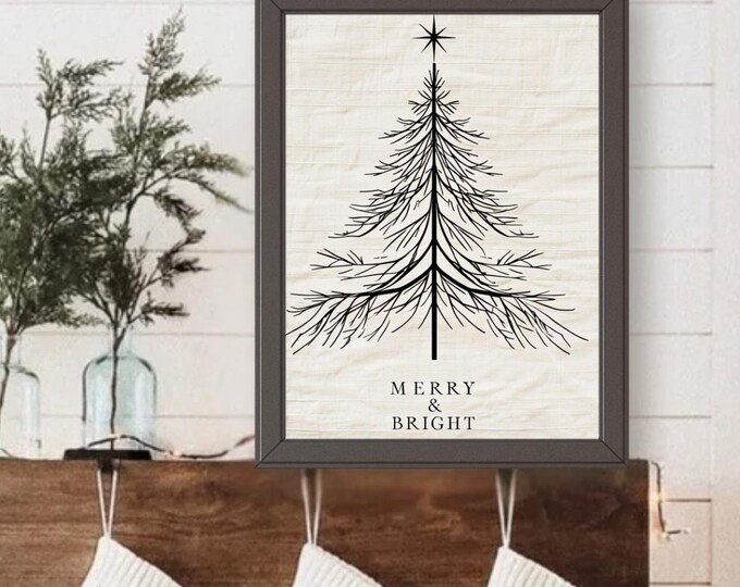 Merry & Bright Minimalist Christmas Tree Matte Canvas, Modern Holiday Wall Art, Festive Christmas Quote, Simple Holiday Decor, Wall Decor