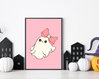 Cute Ghost with Bow Halloween Print - Pink Decor for Spooky Season - Ghost Printable - Halloween Home Decor