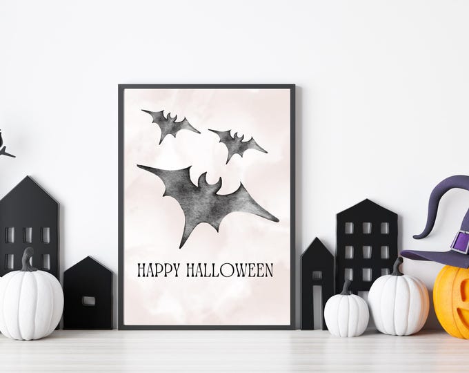 Vintage Bat Halloween Digital Print - Spooky Wall Art for Fall Home Decor - Primitive Happy Halloween Wall Decor - Haunted House Decor