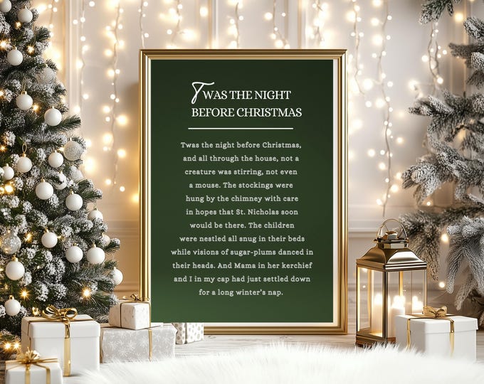 Vintage Style Twas the Night Before Christmas Green Digital Print – Vintage Christmas Quote Wall Art | Festive Holiday Poem Printable