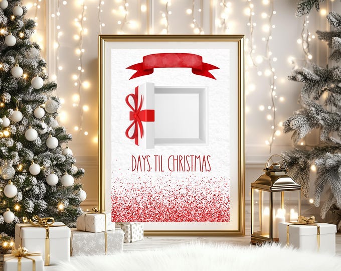 Festive Red Sparkle Christmas Countdown Digital Print – Editable Daily Countdown Calendar for Canva, Chic Holiday Wall Decor, Christmas Art