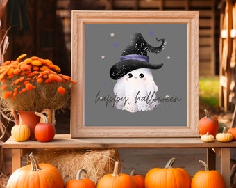 Happy Halloween Ghostly Print: Fall Decor - Cute Ghost Decor - Halloween Digital Printable - Farmhouse Wall Art
