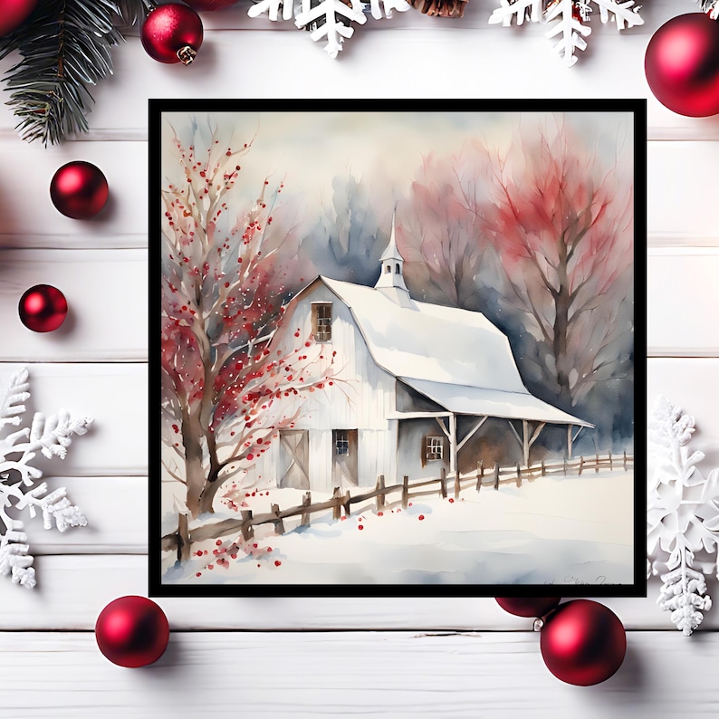 Rustic Christmas Barn Art Print, White Barn With Red Trees, Winter ...