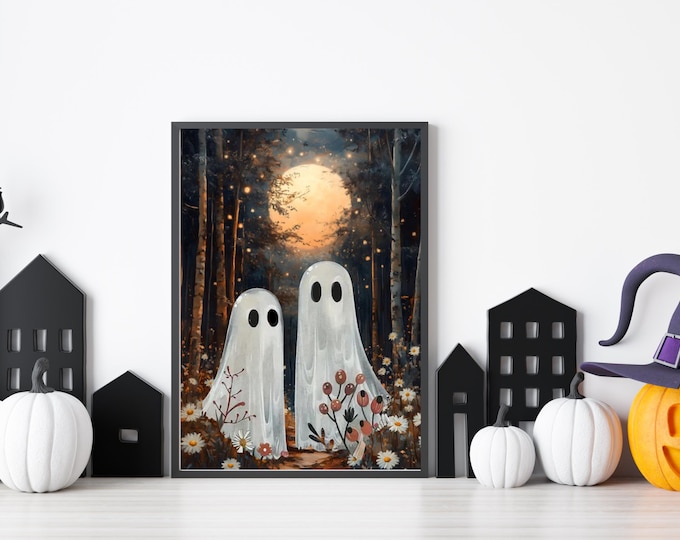 Halloween Ghost Print, Cute Ghosts Digital Download, Spooky Forest Wall Art, Fall Home Decor, Wildflower Halloween Art