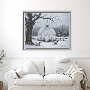Winter Landscape Framed Canvas Print, Rustic White Church and Sheep Wall Art, Snowy Countryside Scene, Farmhouse Winter Decor, Christmas Art