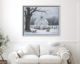 Winter Landscape Framed Canvas Print, Rustic White Church and Sheep Wall Art, Snowy Countryside Scene, Farmhouse Winter Decor, Christmas Art