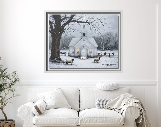 Winter Landscape Framed Canvas Print, Rustic White Church and Sheep Wall Art, Snowy Countryside Scene, Farmhouse Winter Decor, Christmas Art