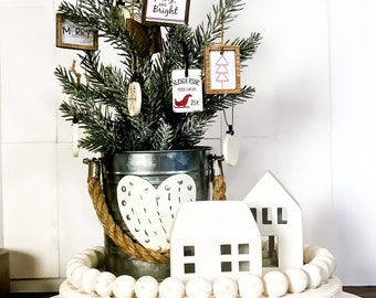 Rustic Wood Chalk Painted Tray Riser with Beaded Detailing, Handmade Farmhouse Decor, Mug Stand,