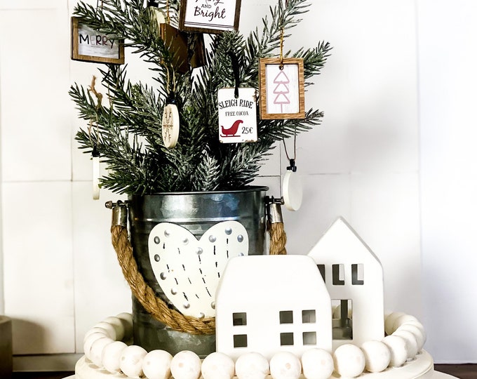 Farmhouse Round Wood Beaded Riser for Decor, Wood Tray, Mug Stand, Plant Stand Farmhouse Decor
