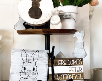 Rustic Farmhouse Easter Decor Bundle with Beaded Garland and Wood Signs, Springtime Cottontail Tray Bundle