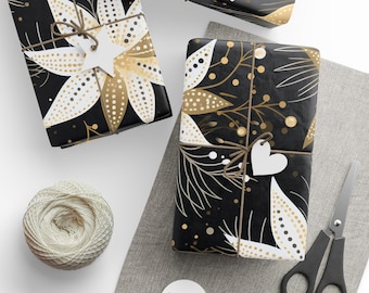 Lily Print Wrapping Papers, Elegant Black and White Gift Wrap - Christmas Holiday, Festive Presents, Special Occasion, Gift Packaging,