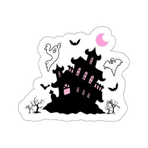 Naklejka winylowa w kolorze różowo-białym z nawiedzonym domem - dekoracja na Halloween do dziennika, kubka, laptopa Naklejki Kiss-Cut