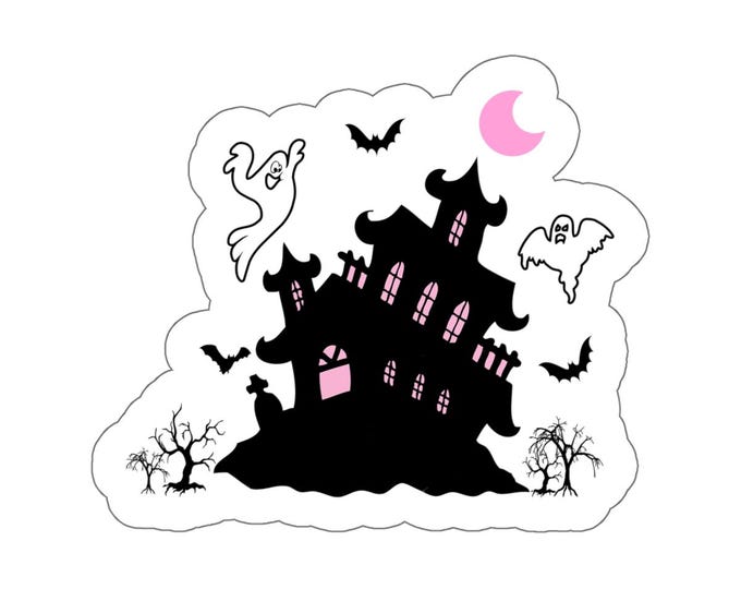 Haunted House Pink and White Vinyl Sticker  - Halloween Decor for Journal, Mug, Laptop Decal Kiss-Cut Stickers