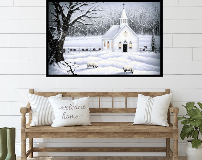 Rustic White Church Winter Art Print – Serene Winter Scene with Sheep, Snowy Landscape Poster, Winter Themed Art Print, Christmas Mantle Art
