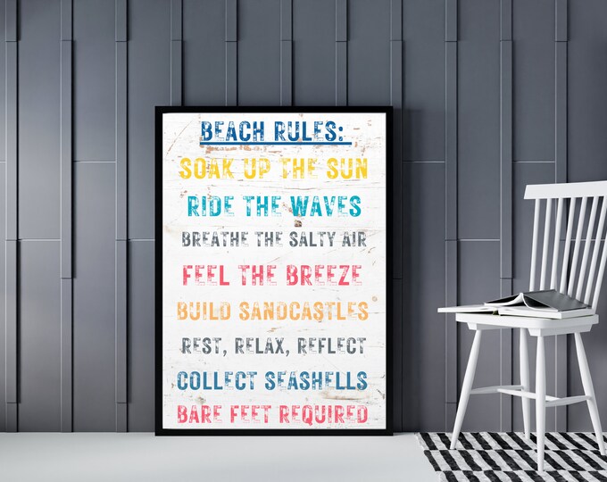 Beach Rules Rustic Beach House Art Print - Coastal Wall Print - Beach House Gift Idea- Digital Beach Print