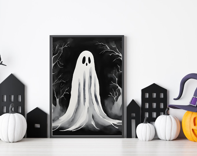 Spooky Ghost Printable Painting - Dark Aesthetic Halloween Wall Decor - Haunted House Decor