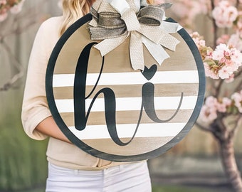 Modern Striped Front Door Decor, Wood Round Door Hanger, Year Round Front Door Wreath, Decorative Door Hanger, Hi Welcome Door Sign