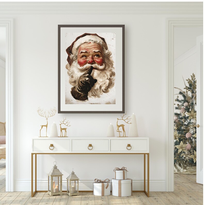 May include: A vintage-style illustration of Father Christmas with a white beard and red cheeks, wearing a red hat and a brown coat. He is holding his finger to his lips, as if to say "shhh".