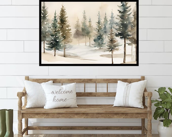 Minimalist Winter Tree Wall Art Printable – Neutral Christmas Decor, Rustic Landscape Print, Serene Winter Landscape Poster, Winter Artwork
