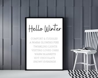 Hello Winter Farmhouse Style Sign - Minimalist Wall Art Printable - Winter Season Wall Decor