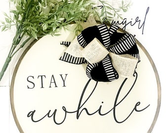 Stay Awhile Wood Sign - Charming Hostess or Housewarming Gift Elegant 12" Round Front Door Wreath - Faux Framed Wood Sign