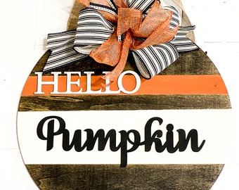 Hello Pumpkin Fall Front Door Hanger - 14" Hand-Painted Orange - Stained Wood - Farmhouse Fall Decor - Rustic Autumn Entryway