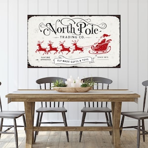North Pole Christmas Print, Rustic Santa and Reindeer Digital Art, Festive Holiday Decor for Home, Winter Themed Artwork, Christmas Sign
