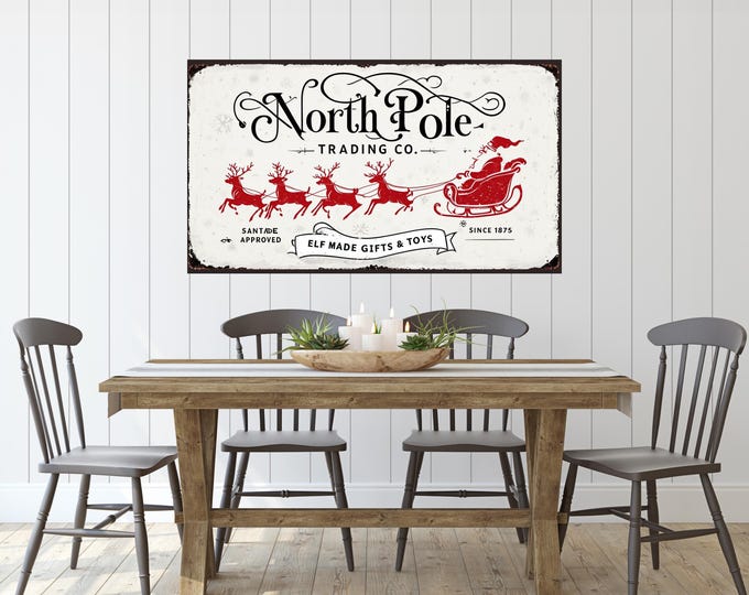 North Pole Christmas Print, Rustic Santa and Reindeer Digital Art, Festive Holiday Decor for Home, Winter Themed Artwork, Christmas Sign