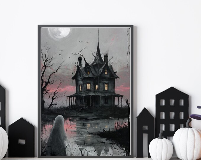 Haunted Castle with Ghost Art Print, Moody Halloween Art, Halloween Poster, Halloween Decoration, Ghost Wall Art, Haunted House Illustration