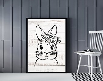 Adorable Easter Bunny With Flower Portrait Art Print - Instant Download - Easter Wall Decor - Spring Home Decor