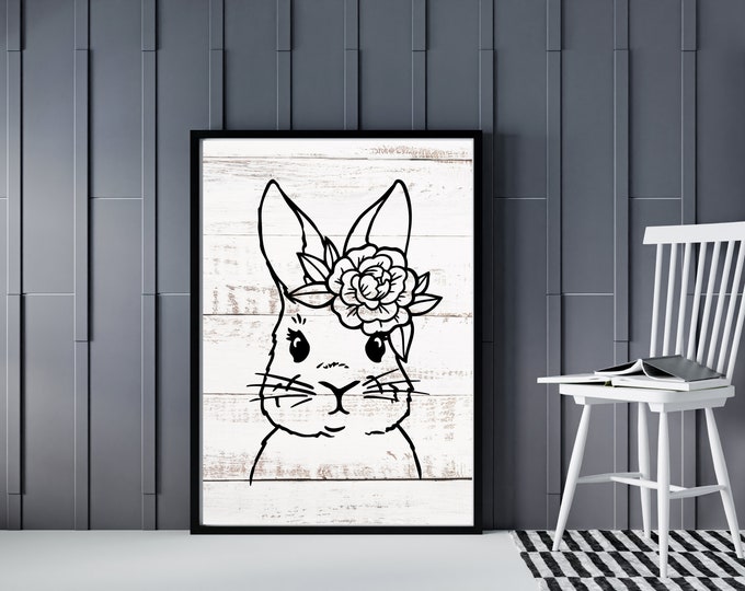 Adorable Easter Bunny With Flower Portrait Art Print - Instant Download - Easter Wall Decor - Spring Home Decor