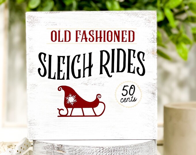 Christmas Sign - Sleigh Rides - Tiered Tray Decor 5 x 5 - Holiday Home Decor