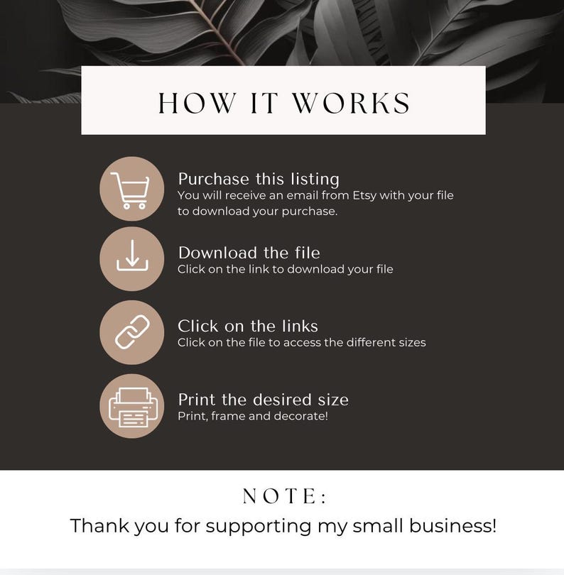 May include: A black and white graphic with instructions on how to download and print a digital file. The text reads "HOW IT WORKS", "Purchase this listing", "Download the file", "Click on the links", "Print the desired size", and "NOTE: Thank you for supporting my small business!"