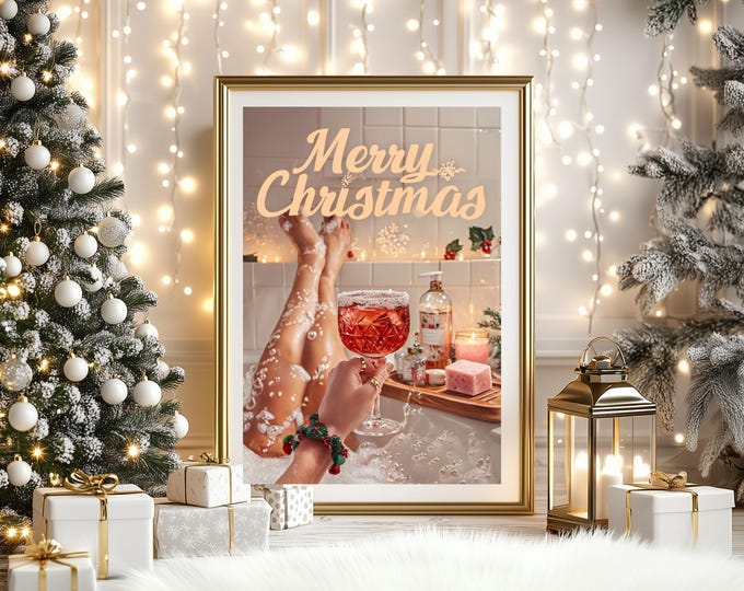 Christmas Cocktail Vertical Poster, Vintage Style Merry Christmas Glamorous Sign, Self Care Girl in Bath Tub, Holiday Matte Wall Art