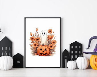 Ghost Print for Halloween Party Decor - Fall Home Decor - Halloween Wall Art - Digital Download - Cute Ghost Print - Pumpkin Scene