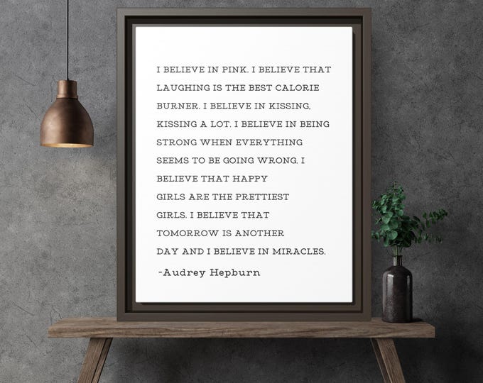 Audrey Hepburn Wall Art, "I Believe in Pink" Framed Canvas, Inspirational Quote Print, Feminine and Chic Home Decor, Celebrity Wall Art