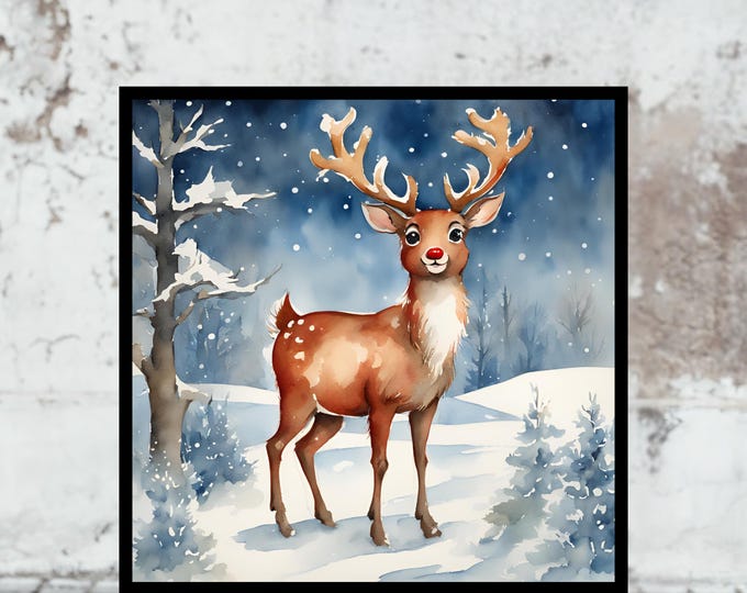 Watercolor Rudolph Reindeer Print, Rustic Christmas Wall Art, Winter Reindeer Decor, Farmhouse Holiday Print, Cozy Christmas Art