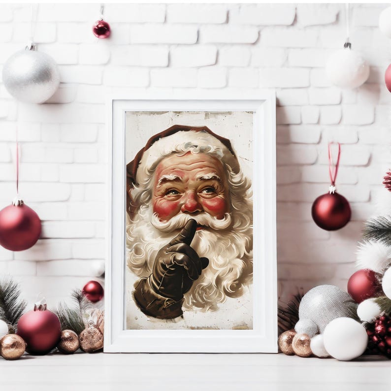 May include: A vintage illustration of Father Christmas with a white beard and a red suit. He is holding his finger to his lips, as if to say "shhh".