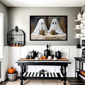 Halloween Ghost Coffee Shop Art, Fall Decor for Kitchen and Coffee Bar, Halloween Decoration, Coffee Bar Art Print, Spooky Kitchen Decor