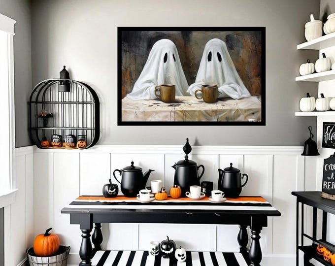 Halloween Ghost Coffee Shop Art, Fall Decor for Kitchen and Coffee Bar, Halloween Decoration, Coffee Bar Art Print, Spooky Kitchen Decor