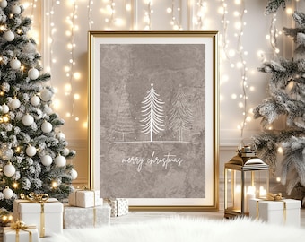Rustic Minimalist Merry Christmas Art Print, Neutral Brown Christmas Tree Wall Decor, Simple Farmhouse Holiday Print, Cozy Christmas Decor