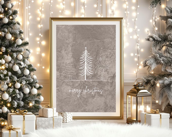 Rustic Minimalist Merry Christmas Art Print, Neutral Brown Christmas Tree Wall Decor, Simple Farmhouse Holiday Print, Cozy Christmas Decor