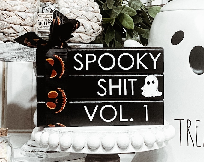 Spooky Shit Vol. 1' Wood Book Stack - Humorous Halloween Tiered Tray Decor  - Spooky Vibes Decoration - Fall Coffee Bar Decor