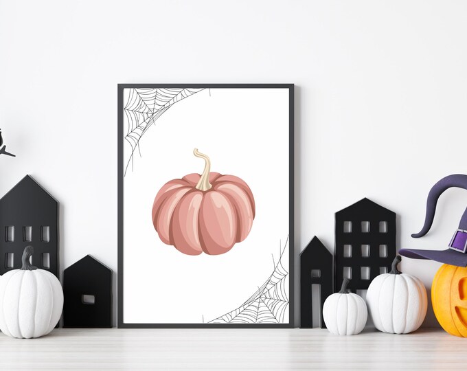Pink Pumpkin Halloween Wall Art - Digital Print for Instant Download - Elegant Pink Halloween Decor - Watercolor Pumpkin Wall Decor