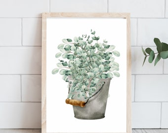 Rustic Farmhouse Greenery Bucket - Digital Art Print - Botanical Wall Decor - Watercolor Painting Download - Gift for Plant Lover
