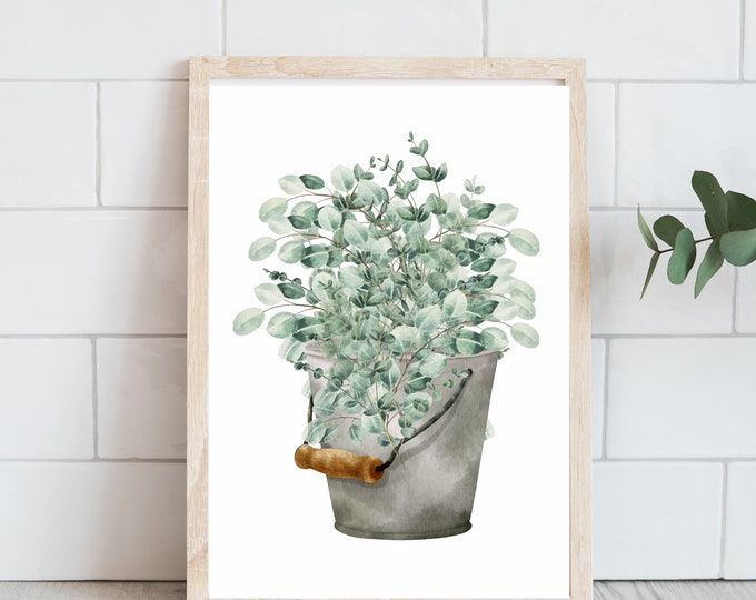 Rustic Farmhouse Greenery Bucket - Digital Art Print - Botanical Wall Decor - Watercolor Painting Download - Gift for Plant Lover