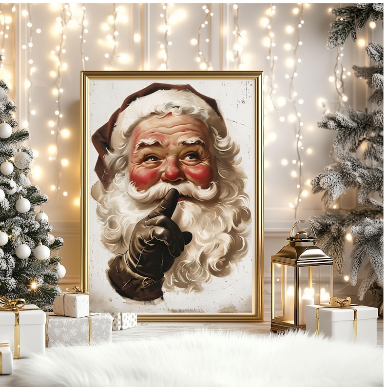 May include: A vintage-style illustration of Father Christmas with a white beard and red hat, holding his finger to his lips as if to say "shhh". The image is framed in gold and has a white background.