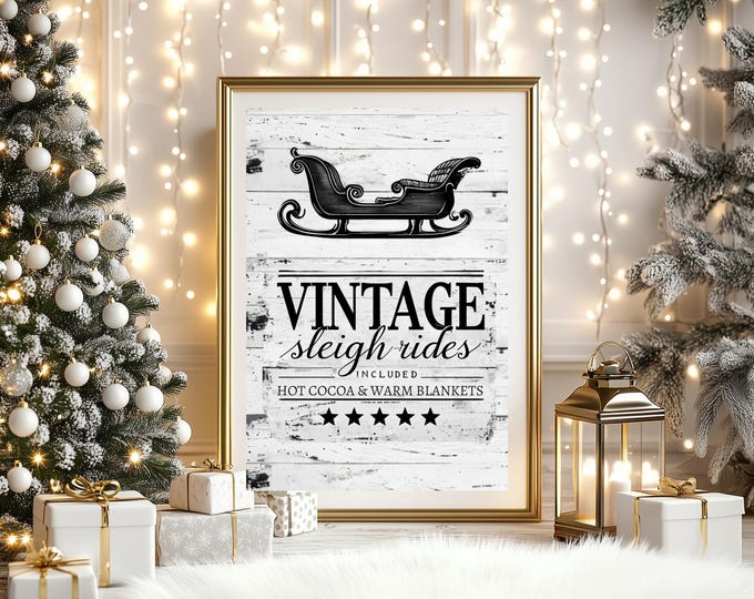 Vintage Sleigh Rides Wall Art Print, Farmhouse Christmas Vertical Posters, Rustic Decor, Matte Poster, Christmas Wall Decor, Holiday Gift