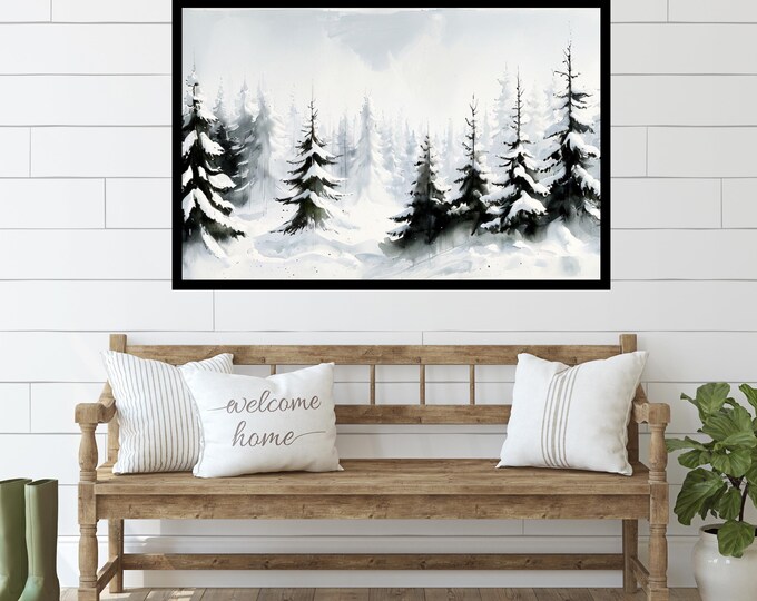Winter Landscape Digital Print, Snow Covered Trees Wall Art, Rustic Neutral Holiday Decor, Serene Winter Landscape Poster, Winter Artwork