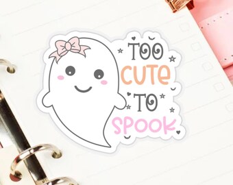 Too Cute to Spook Vinyl Halloween Ghost Sticker - Pink and White -  Journal, Mug, Laptop Sticker - Halloween Decor - Kiss-Cut Stickers
